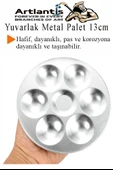 Yuvarlak Metal Palet 1 Adet Metal Boya Paleti 7 Hazneli 13 cm Paslanmaz Resim Boyama Paleti Fırça Hediyeli - 4