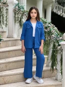 MODAVALS KOL KATLAMALI KETEN GÖMLEK CEPLİ KETEN ALT & SUPREM ASKILI BADİ 3LÜ KIZ ÇOCUK TAKIM - 7