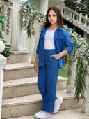 MODAVALS KOL KATLAMALI KETEN GÖMLEK CEPLİ KETEN ALT & SUPREM ASKILI BADİ 3LÜ KIZ ÇOCUK TAKIM - 5