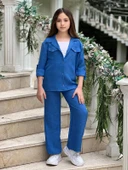 MODAVALS KOL KATLAMALI KETEN GÖMLEK CEPLİ KETEN ALT & SUPREM ASKILI BADİ 3LÜ KIZ ÇOCUK TAKIM - 3