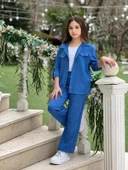 MODAVALS KOL KATLAMALI KETEN GÖMLEK CEPLİ KETEN ALT & SUPREM ASKILI BADİ 3LÜ KIZ ÇOCUK TAKIM - 6