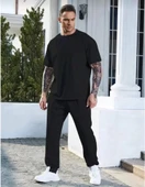 Unisex Düz T-Shirt Ve Eşofman Takımı - Siyah - 2
