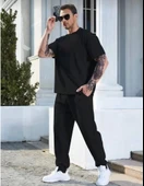 Unisex Düz T-Shirt Ve Eşofman Takımı - Siyah - 3