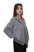 Kadın Modal Kumaş Dik Yaka Rahat Kalıp Gri Ceket Hırka - 2