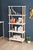 interGO Dekoratif 5 Raflı Ahşap Ayaklı Kitaplık - Beyaz - 1