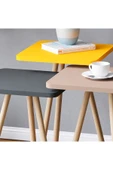 interGO Renkli Üçlü Zigon Sehpa Ahşap Ayaklı Kare Pastel Tasarım Gri Sarı Cappuccino thumbnail 2