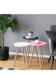 interGO Renkli Üçlü Zigon Sehpa Ahşap Ayaklı Yuvarlak Pastel Tasarım Pembe Beyaz Gri thumbnail 1