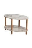 interGO Oval Ahşap Ayaklı Iki Katlı Gazetelikli - Krem Mermer Desenli Orta Sehpa - 3