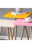 interGO Renkli Üçlü Zigon Sehpa Ahşap Ayaklı Kare Pastel Tasarım Sarı Krem Pembe - 2