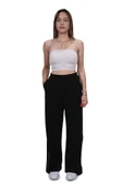 Kadın Modal Kumaş Kontrast Detaylı Siyah Düz Kesim Pantolon - 2