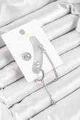Pirinç Halka Figürlü Zirkon Taşlı Gümüş Renk 3'lü Kıkırdak Kadın Küpe Set - TJ-BKP10662 - 1