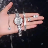 Kadın Lüks Rhinestone Kuvars Saat ve Takı Seti - Gümüş - 45cm thumbnail 4