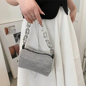 Rhinestone Mini Çanta - Siyah - Parlak Zincirli - 5