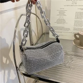 Rhinestone Mini Çanta - Gümüş - Parlak Zincirli - 4