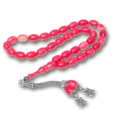 925 Ayar Gümüş Kazaz Püsküllü Damla Kesim Pembe Sıkma Kehribar Tesbih - 2