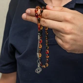 925 Ayar Gümüş Kazaz Püsküllü Arpa Kesim Karışık renkli Ateş Kehribar Tesbih - 1