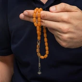 925 Ayar Gümüş Kazaz Püsküllü Kapsül Kesim Turuncu Sıkma Kehribar Tesbih - 2