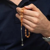 925 Ayar Gümüş Püsküllü Kazaz Sıkma Kehribar Tesbih - 3