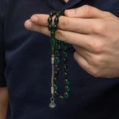 925 Ayar Gümüş Kazaz Püsküllü Arpa Kesim Yeşil Ateş Kehribar Tesbih - 1