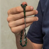 925 Ayar Gümüş Kazaz Püsküllü Arpa Kesim Yeşil Ateş Kehribar Tesbih - 4