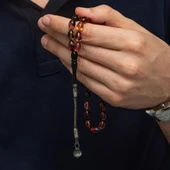 925 Ayar Gümüş Kazaz Püsküllü Arpa Kesim Sarı Siyah Sıkma Kehribar Tesbih - 1