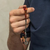 925 Ayar Gümüş Kazaz Püsküllü Arpa Kesim Karışık renkli Ateş Kehribar Tesbih - 4