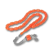 925 Ayar Gümüş Kazaz Püsküllü Kapsül Kesim Turuncu Sıkma Kehribar Tesbih - 2