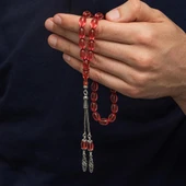 925 Ayar Gümüş Püsküllü Kırmızı Renk Damla Kesim Ateş Kehribar Tesbih - 1