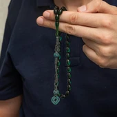 925 Ayar Gümüş Kazaz Püsküllü Arpa Kesim Yeşil Ateş Kehribar Tesbih - 1