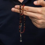 925 Ayar Gümüş Kazaz Püsküllü Arpa Kesim Sarı Siyah Sıkma Kehribar Tesbih - 3