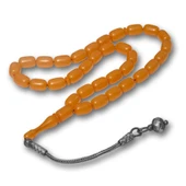 925 Ayar Gümüş Kazaz Püsküllü Kapsül Kesim Turuncu Sıkma Kehribar Tesbih - 4