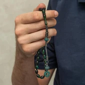 925 Ayar Gümüş Kazaz Püsküllü Arpa Kesim Yeşil Ateş Kehribar Tesbih - 4