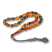 925 Ayar Gümüş Kazaz Püsküllü Arpa Kesim Karışık renkli Ateş Kehribar Tesbih - 2