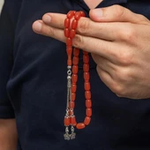 925 Ayar Gümüş Kazaz Püsküllü Kapsül Kesim Turuncu Sıkma Kehribar Tesbih - 4