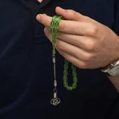 925 Ayar Gümüş Kazaz Püsküllü Kapsül Kesim Yeşil Ateş Kehribar Tesbih - 1