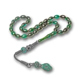 925 Ayar Gümüş Kazaz Püsküllü Arpa Kesim Yeşil Ateş Kehribar Tesbih - 2