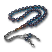 925 Ayar Gümüş Püsküllü Parliement Lacivert Taşlı Sıkma Kehribar Tesbih - 4