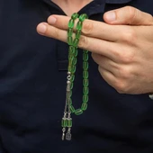 925 Ayar Gümüş Püsküllü Yeşil Renk Kapsül Kesim Ateş Kehribar Tesbih - 3