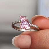 Pembe Taşlı Kalpli 925 Gümüş Yüzük Kadın - 2