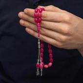 925 Ayar Gümüş Kazaz Püsküllü Damla Kesim Pembe Sıkma Kehribar Tesbih - 3