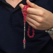 925 Ayar Gümüş Kazaz Püsküllü Arpa Kesim Kırmızı Ateş Kehribar Tesbih - 1