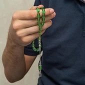 925 Ayar Gümüş Püsküllü Yeşil Renk Kapsül Kesim Ateş Kehribar Tesbih - 4