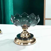Kristal Dönme Özellikli İki Katlı Meyve Tabağı - Sarı Lotus Desenli - 12