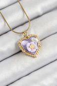 Zincir Mor Sanatsal Portre İnci Detaylı Papatya Figürlü Kalp Model Gold Renk Kadın Kolye - EBJ250605W34537 thumbnail 1