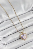 Zincir Mor Sanatsal Portre İnci Detaylı Papatya Figürlü Kalp Model Gold Renk Kadın Kolye - EBJ250605W34537 thumbnail 2