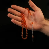 Turuncu Ateş Kehribar 925 Ayar Gümüş Püsküllü Tesbih - 1