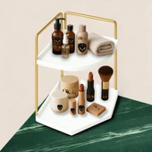 Dekoratif 2 Katlı Raf  Çok Amaçlı Organizer Paslanmaz Çelik & Ahşap Stand Salon, Mutfak, Banyo, Çalışma Alanı İçin thumbnail 1