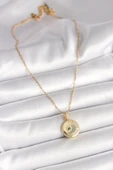 316L Çelik Gold Renk Zincir Zirkon Taş İşlemeli Hilal Yıldız İşlemeli Madalyon Model Kadın Kolye - TJ-BKO9952 - 2