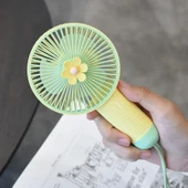 Ozmik Çiçekli Küçük Fan Mini USB Şarjlı  Telefon Askısı ile Sarı+Yeşil - 1