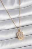 316L Çelik Gold Renk Zincir Kare Zirkon Taş Model Kadın Kolye - TJ-BKO10059 - 1